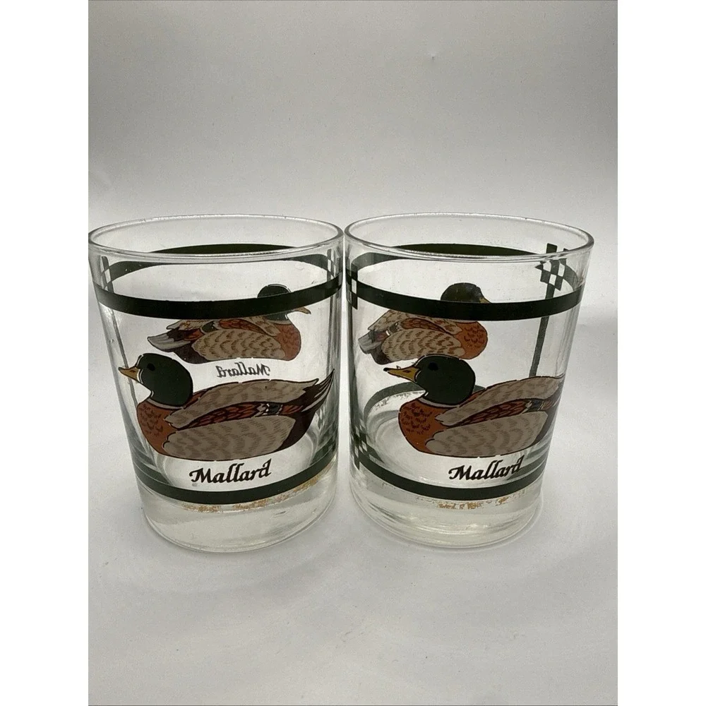 Set of 2 Mallard Duck Vintage Decorated 10 oz Old Fashioned Whiskey Glasses